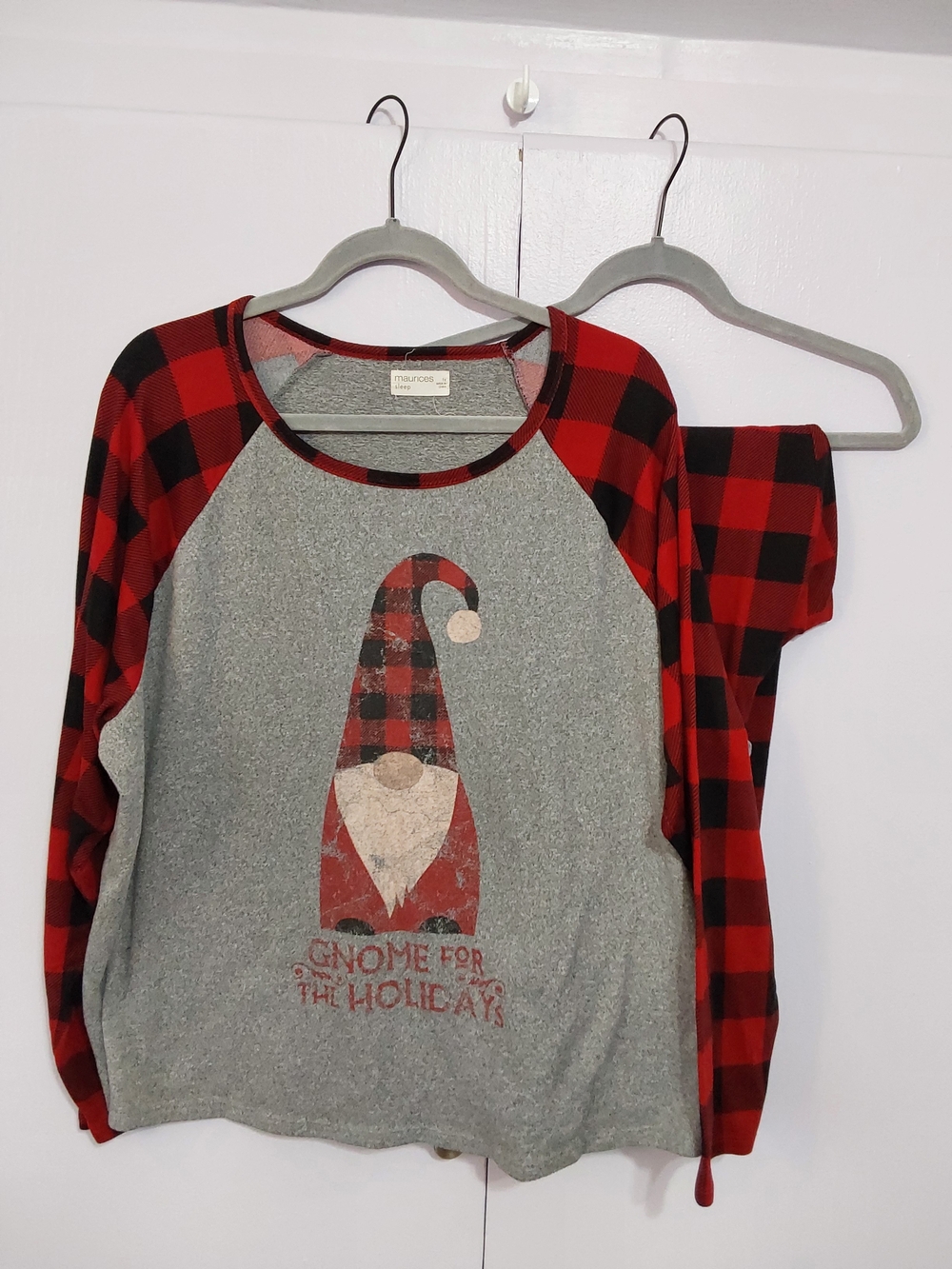 Maurices Red Buffalo Plaid Raglan Gnome Holiday Pajama Set